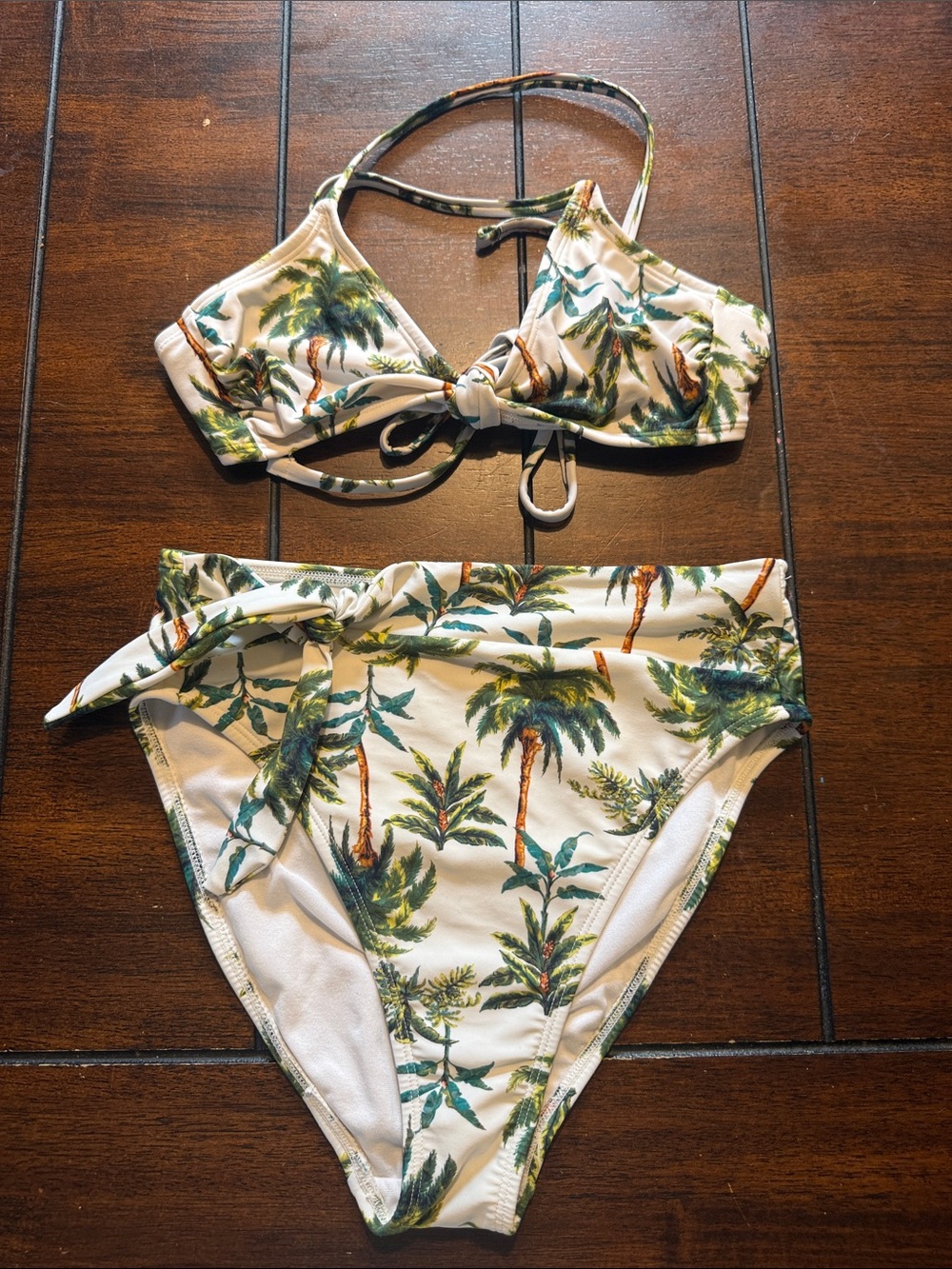 Xhilaration White Bikini with Green Palm Print